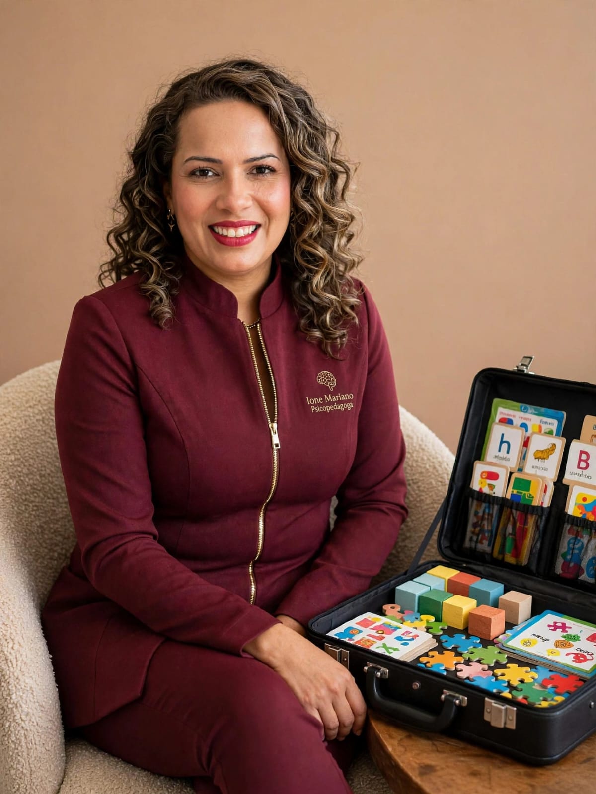 Ione Mariano no consultório com seus materiais